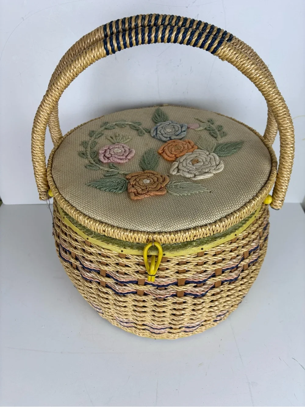 Vintage Sewing Basket-Round w/ Embroidered Floral Lid-Granny Chic